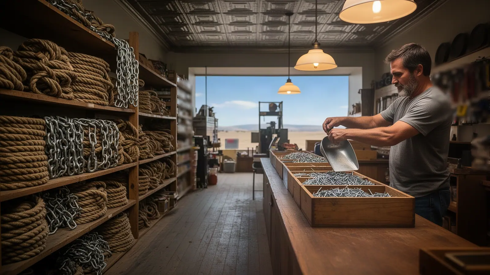 A hardware-store owner pouring loose nails into wooden bins at the counter of an old small-town store.